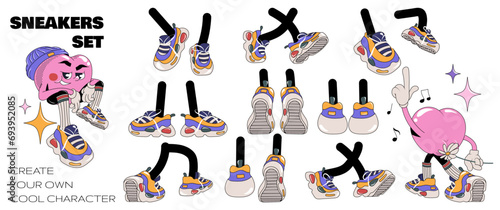 Cool trendy feet and boot vector collection. Cartoon feet in colored sneakers different poses, leg standing, walking, running, behind view. Isolated mascot footwear 