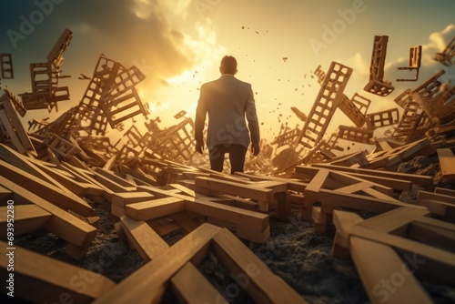 A man standing in front of a pile of wooden chairs. This versatile image can be used for various concepts and themes