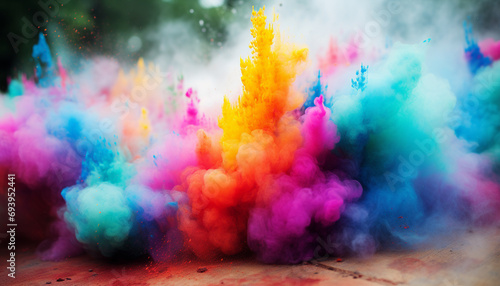 Explosion of vibrant color powder clouds in pink  orange  yellow  blue  and purple hues