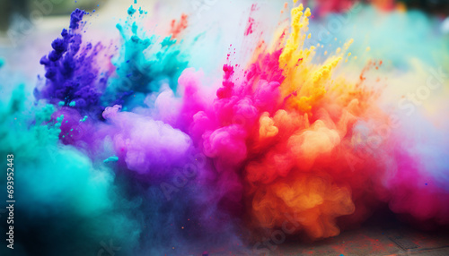 Explosion of vibrant color powder clouds in pink  orange  yellow  blue  and purple hues