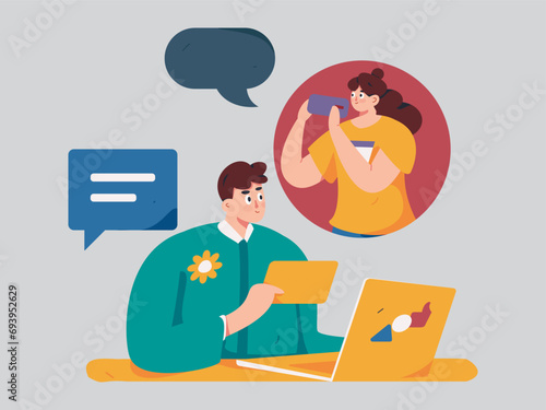 Virtual characters social communication concept business flat vector hand drawn illustration
