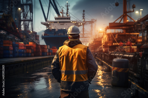 A loader crew in safety PPE such as helmet and reflection vest in standing on the shipyard dock as background. Industrial working scene. © Nattawit