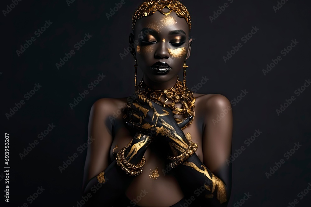 Beautiful African woman with black skin body art.