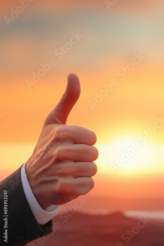 A man dressed in a suit giving a thumbs up gesture. Suitable for business, success, approval, and positive concepts