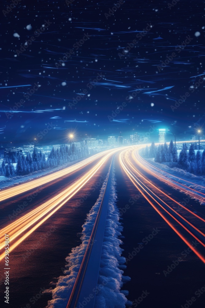 A long exposure photo of a snowy road at night. Perfect for winter travel or weather-related concepts A long exposure photo of a snowy road at night. Perfect for winter travel or weather-related concepts