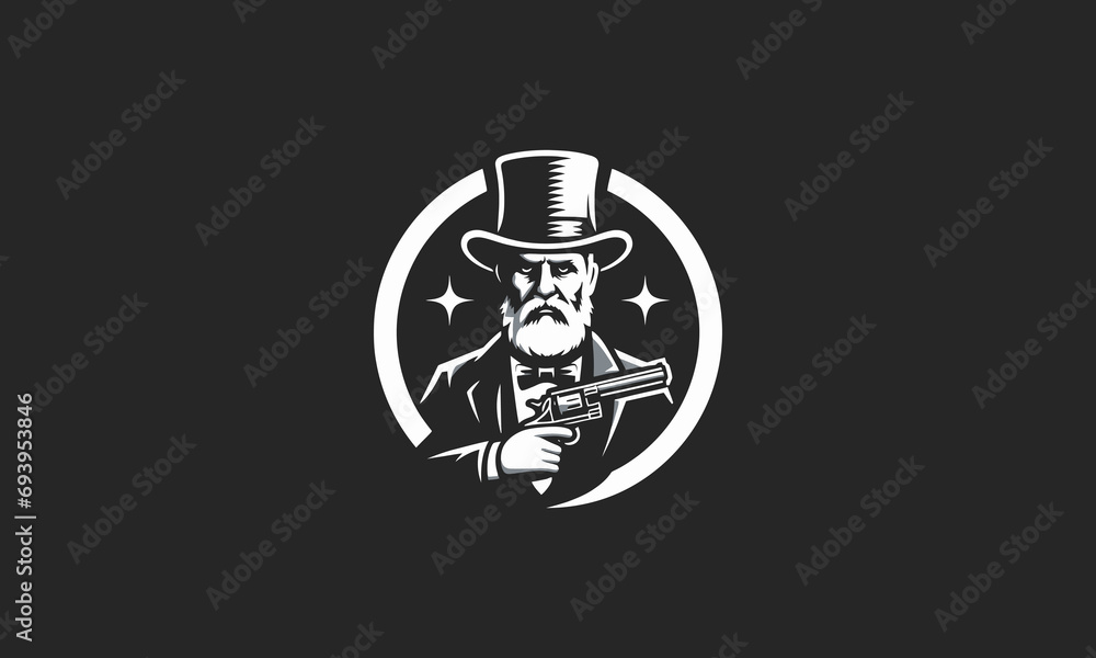 old man wearing top hat and hold gun vector mascot design