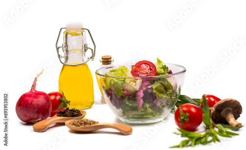 Salad with fresh vegetables in a plate, salad for healthy eating and sports, vegetarianism