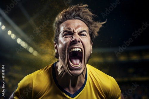 A football player screams with happiness conveying the elation of scoring a decisive goal