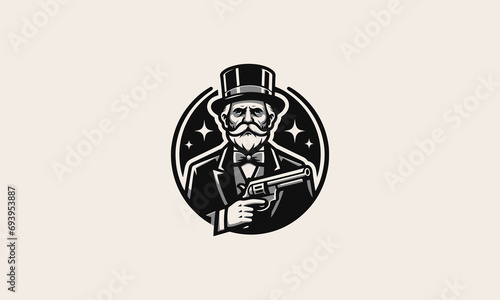 old man wearing top hat and hold gun vector mascot design