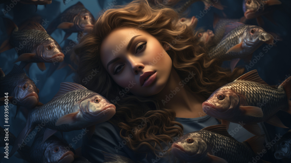 Woman Surrounded by Fish, Underwater Serenity, Pisces zodiac - obrazy, fototapety, plakaty 