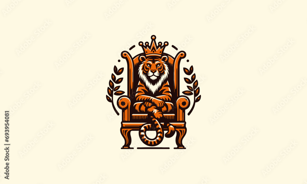 Obraz premium tiger wearing crown sit down on king chair vector flat design