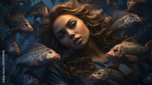 Woman Surrounded by Fish, Underwater Serenity, Pisces zodiac photo