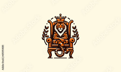 tiger wearing crown sit down on king chair vector flat design