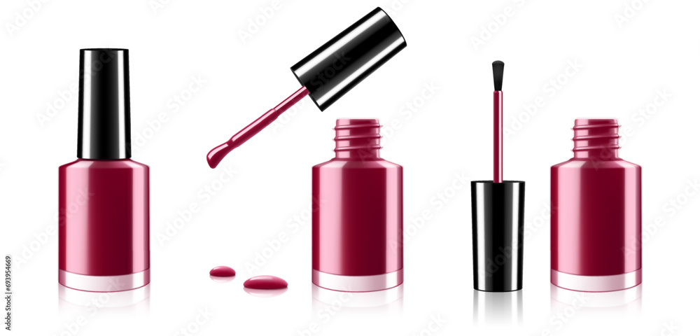 Nail polish set, opened and closed bottle with lid. burgundy varnish for manicure and pedicure, brush and enamel drop isolated on white background. Realistic 3d vector illustration - obrazy, fototapety, plakaty 