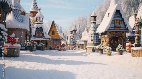 A picturesque snow-covered village with a thick layer of snow on the ground. Perfect for winter-themed projects or holiday designs