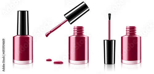 Nail polish set, opened and closed bottle with lid. burgundy varnish for manicure and pedicure, brush and enamel drop isolated on white background. Realistic 3d vector illustration
