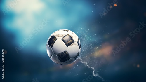 The dynamic moment with a close up shot of a soccer ball hanging in mid air