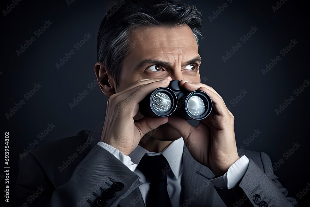 Businessman looking through binoculars - market research concept Businessman looking through binoculars - market research concept