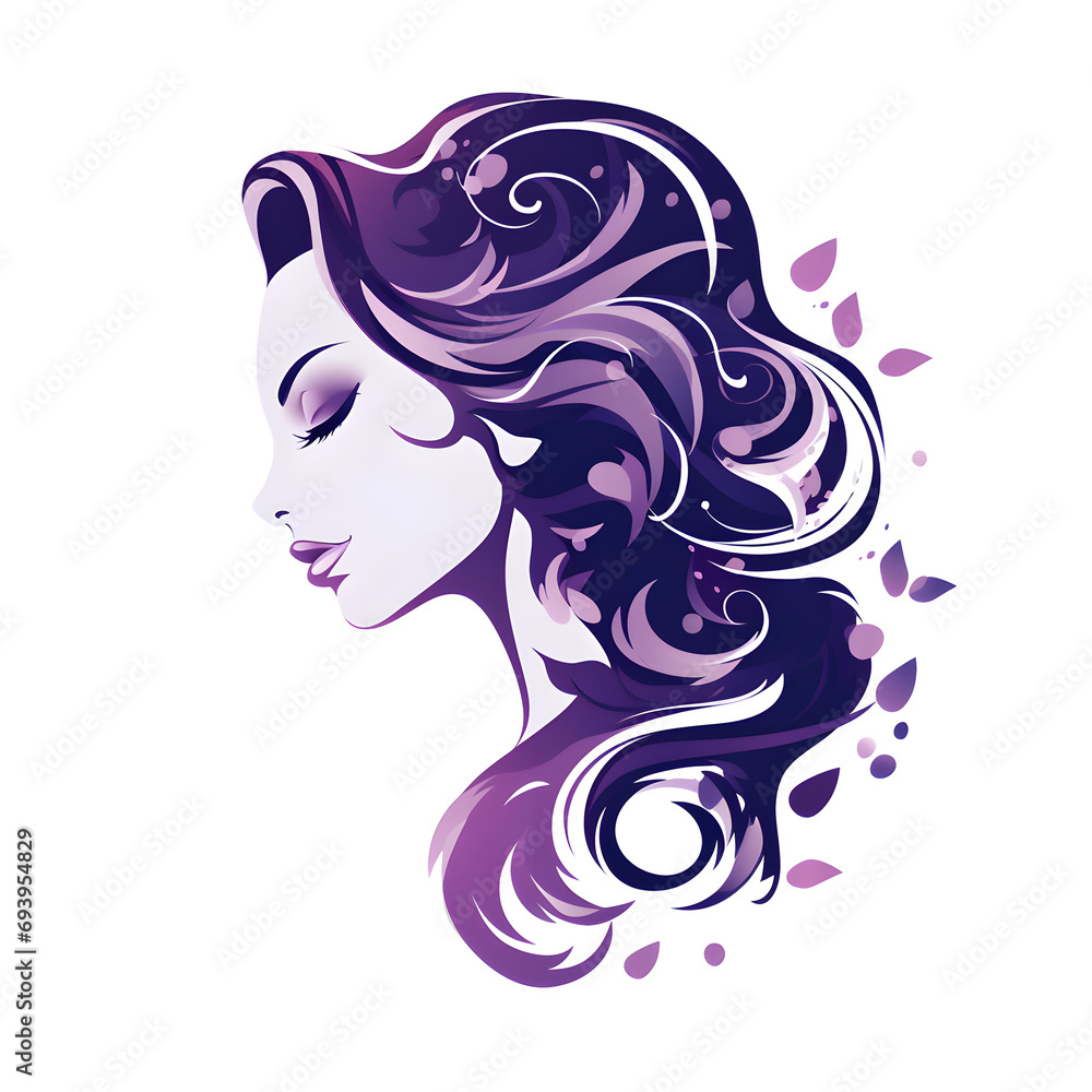 Woman portrait logo in vector style icon design. Fashion idea for a women power concept. Purple lilac violet colors Woman portrait logo in vector style icon design. Fashion idea for a women power concept. Purple lilac violet colors