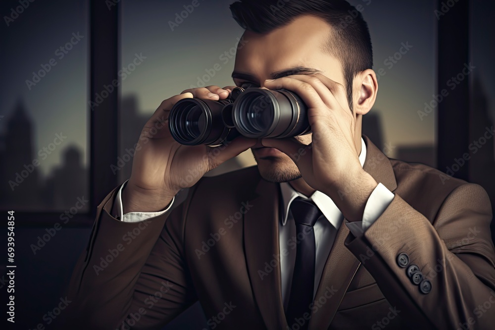 Businessman looking through binoculars - market research concept Businessman looking through binoculars - market research concept
