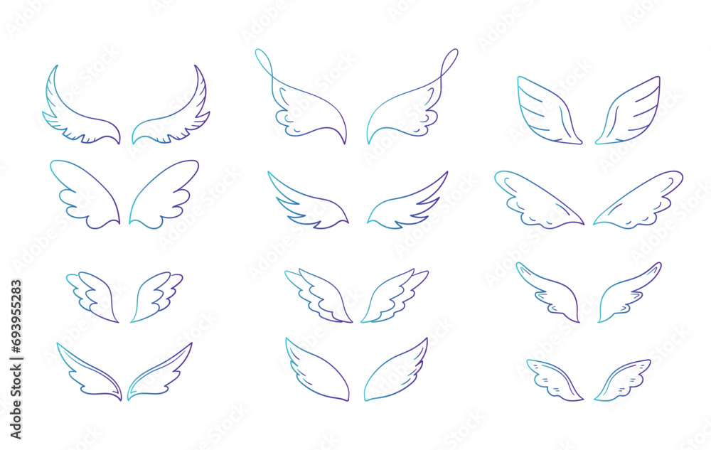 Collection of hand drawn wings in different shapes. Doodle wings collection. Vector illustration Collection of hand drawn wings in different shapes. Doodle wings collection. Vector illustration