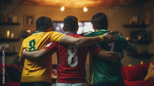 Three men are watching a football match on TV wearing jerseys in different colors