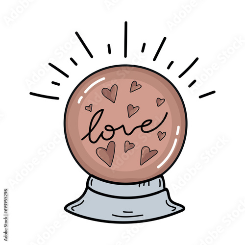 Magical fortune telling ball with predicted love. Magical craft in boho sketch style. Vector illustration