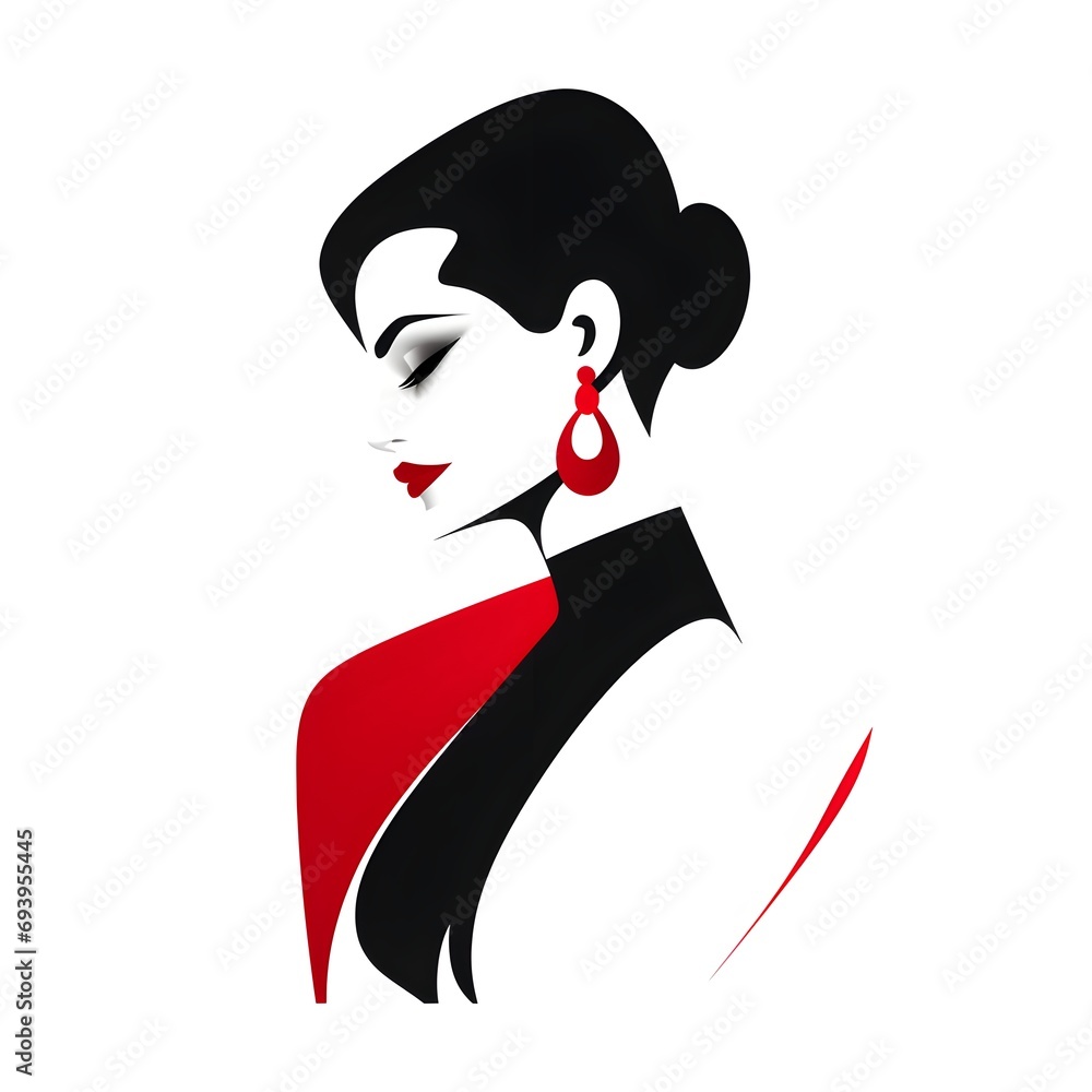 Young woman face in the style of black and red minimalistic abstract logo. Beautiful lady portrait with red lips. Vector Stock illustration isolated on white background.