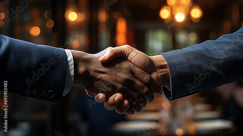 Handshake of business partners. Close-up of the hands of two business people in suits shaking hands.