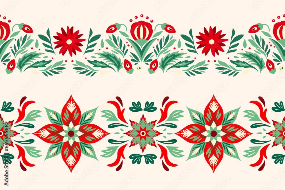 Christmas Ornaments Seamless Border Set. Folk Art Frame tile art deco vector Nordic background