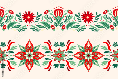 Christmas Ornaments Seamless Border Set. Folk Art Frame tile art deco vector Nordic background