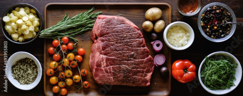 Raw beef steak ready to prepare on wooden board with other ingredients
