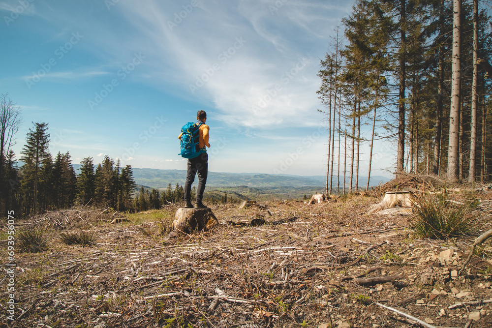 Adventurer and traveller with blue backpack standing on a stump in Beskydy mountains, Czech Republic. Hiking trail