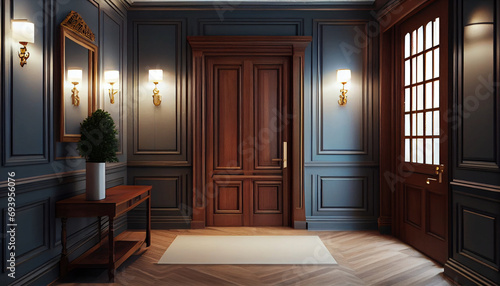 Door and wooden paneling walls with Elegant interior design of modern spacious entrance hall, Ai generated image.
