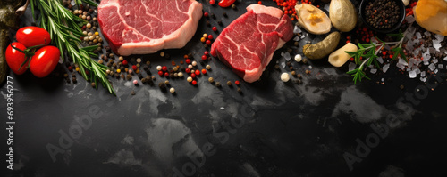 Top view of raw beef steak meat with rosemary and seasonings on black stone board background. Free space for your text, banner. 