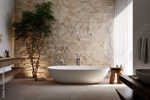 Tranquil bathroom oasis featuring a freestanding tub  natural stone accents  and soft ambient lighting