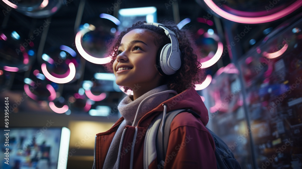 Obraz premium A teenager exploring a futuristic museum, showcasing the intersection of technology and culture.