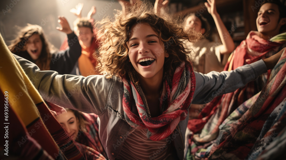 Obraz premium Teenagers gathered in a cozy living room for a movie night, surrounded by blankets and snacks.