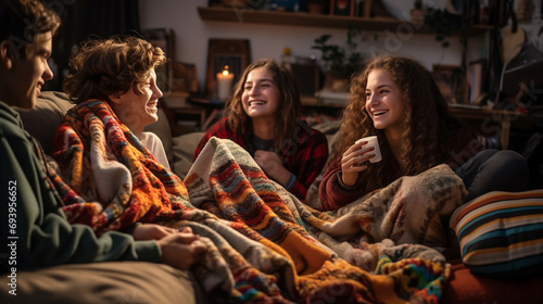 Teenagers gathered in a cozy living room for a movie night, surrounded by blankets and snacks.