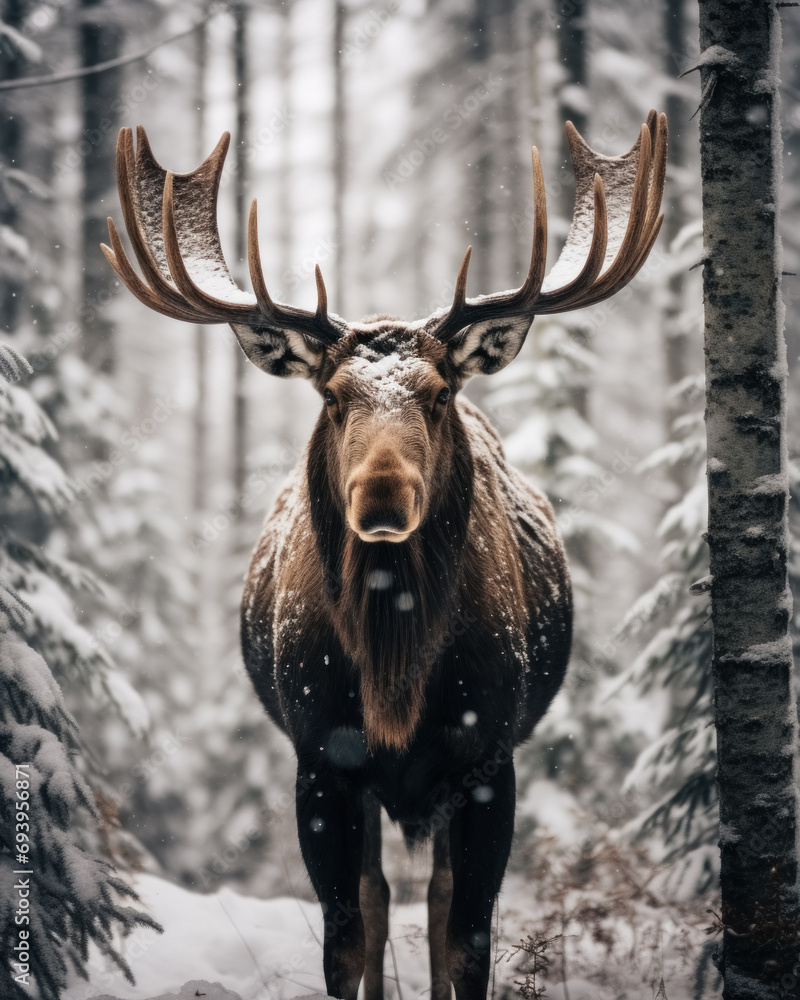 Fototapeta premium Brown moose with huge horns stands in winter snowy forest and looks in camera