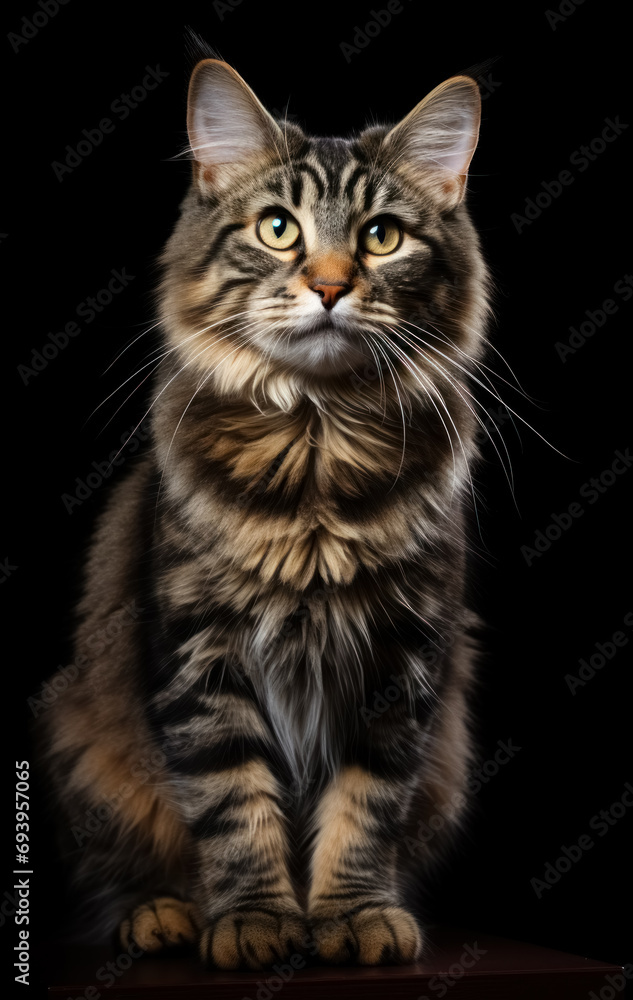 Full-length front view studio portrait beautiful fluffy tabby cat, sitting isolated on dark background Full-length front view studio portrait beautiful fluffy tabby cat, sitting isolated on dark background