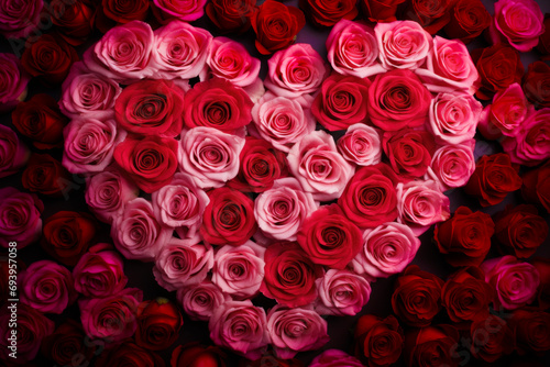 Rose flowers arranged in shape of heart, creating romantic floral masterpiece