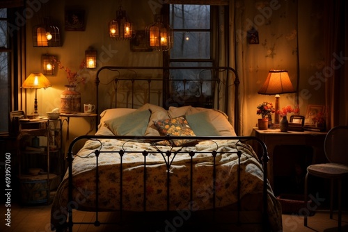 Vintage-inspired bedroom with a wrought-iron bed frame, adorned with handwoven textiles and illuminated by a soft glow from a bedside lantern