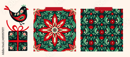 Christmas Folk Art Star Floral Boho Seamless Pattern Vextor Set. Swedish Scandinavian Holiday Ornament Collection.