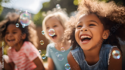 Un groupe d'enfants riant et s'amusant avec des bulles de savon à l'extérieur par une journée ensoleillée. photo