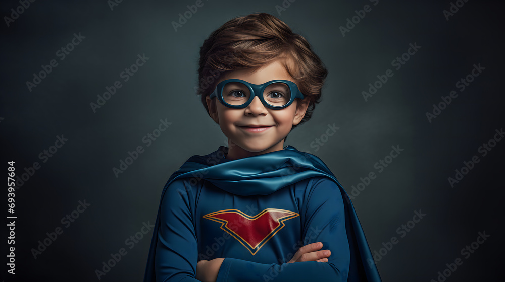 Un jeune garçon souriant avec des lunettes, habillé en super-héros avec un costume et une cape de couleur bleu.