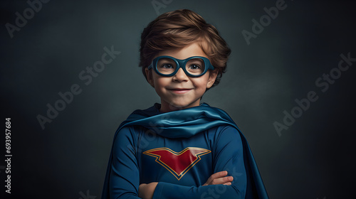 Un jeune garçon souriant avec des lunettes, habillé en super-héros avec un costume et une cape de couleur bleu. photo