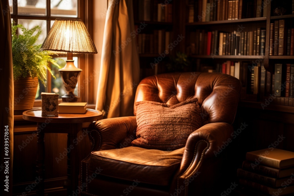 A cozy reading nook with a well-loved leather armchair, a side table stacked with books, and a vintage lamp casting a warm glow A cozy reading nook with a well-loved leather armchair, a side table stacked with books, and a vintage lamp casting a warm glow