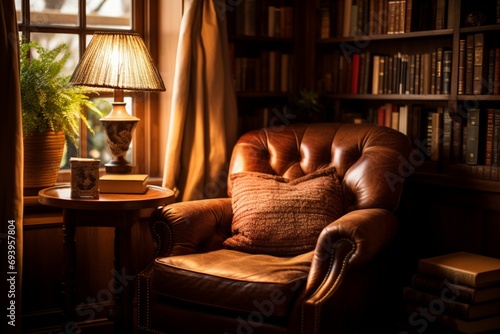 A cozy reading nook with a well-loved leather armchair, a side table stacked with books, and a vintage lamp casting a warm glow