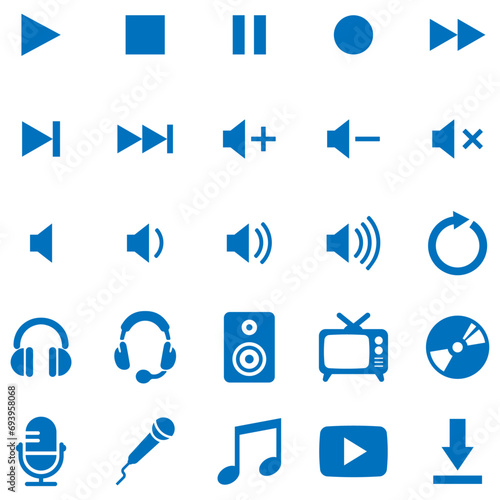 マルチメディアとオーディオのアイコンセット 青